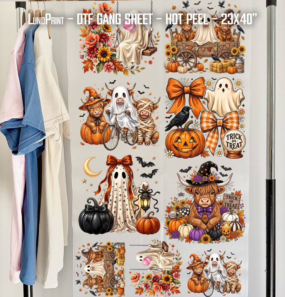 Halloween Ghost Highland Cow DTF Gang Sheet 23x40 in. Spooky Fall Ready-to-press Heat transfers