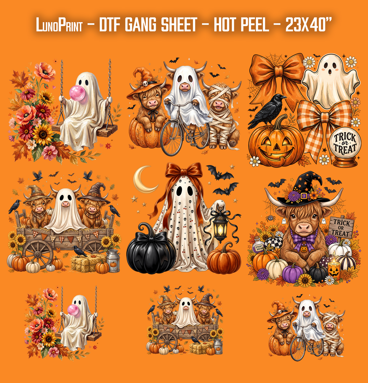 Halloween Ghost Highland Cow DTF Gang Sheet 23x40 in. Spooky Fall Ready-to-press Heat transfers
