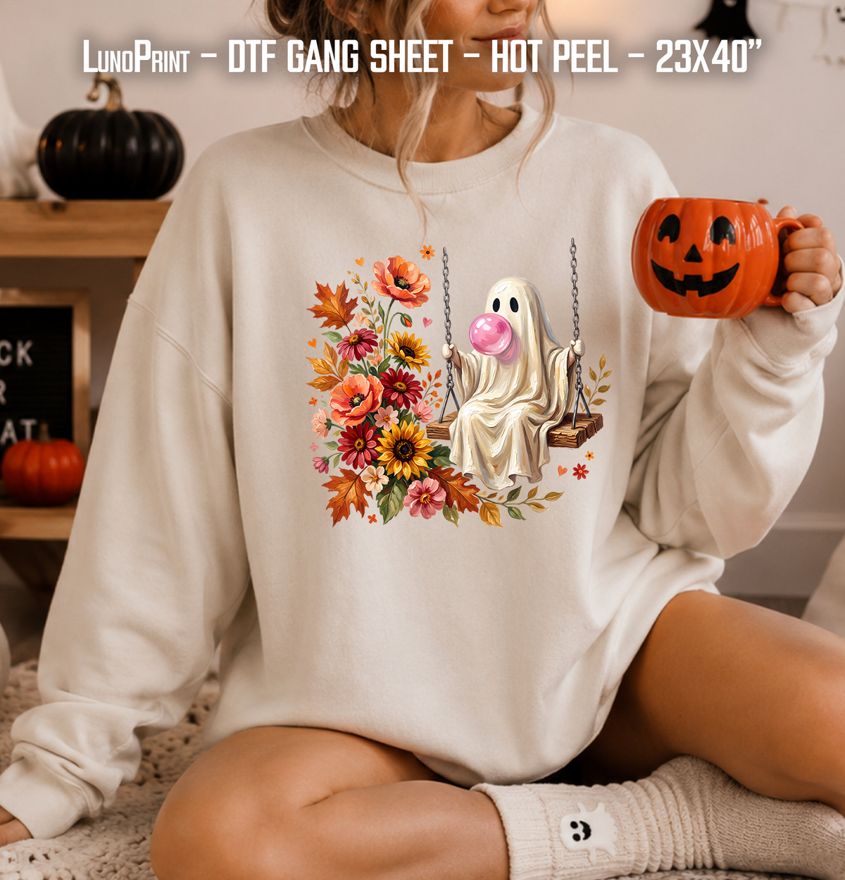 Halloween Ghost Highland Cow DTF Gang Sheet 23x40 in. Spooky Fall Ready-to-press Heat transfers