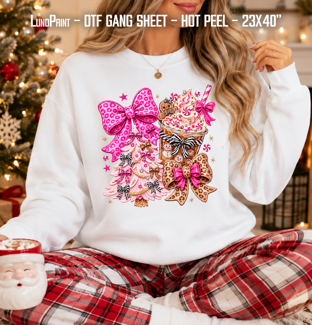 Pink Coffee Christmas DTF Gang Sheet 23x40 in. Winter Ready-to-press Heat transfers