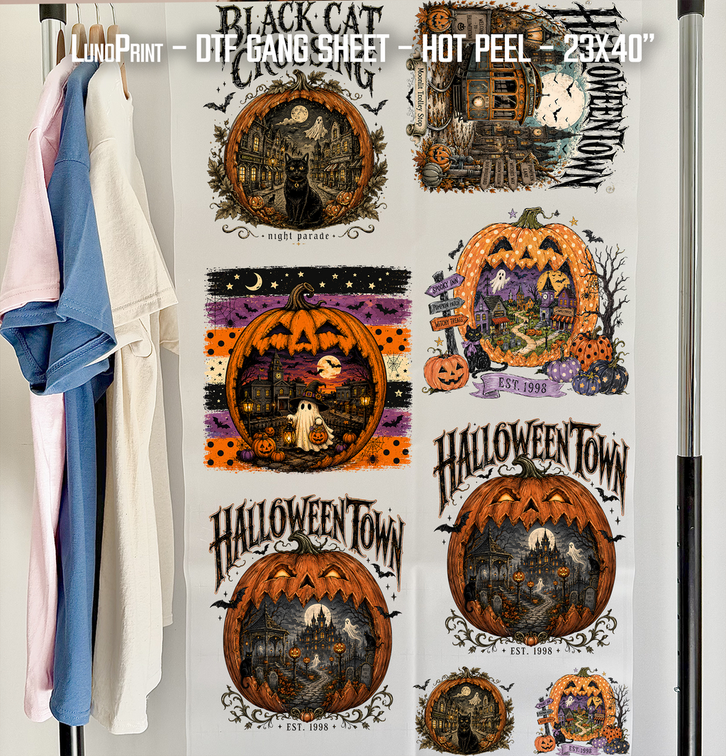 Halloween Town DTF Gang Sheet 23x40 in. Spooky Ready-to-press Hot Peel Heat transfers 9264