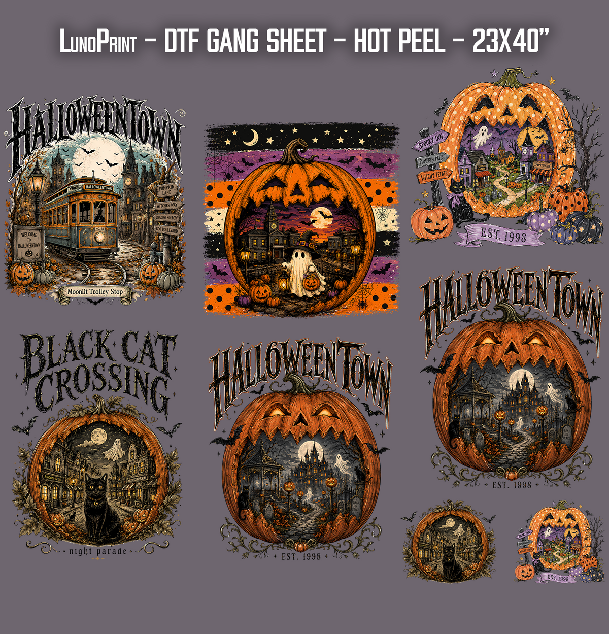 Halloween Town DTF Gang Sheet 23x40 in. Spooky Ready-to-press Hot Peel Heat transfers 9264
