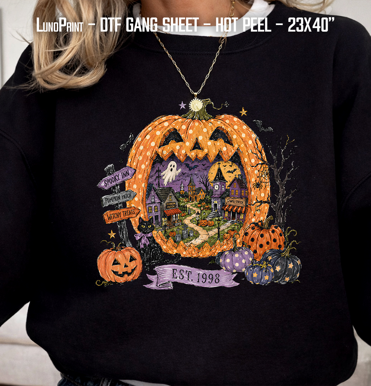 Halloween Town DTF Gang Sheet 23x40 in. Spooky Ready-to-press Hot Peel Heat transfers 9264