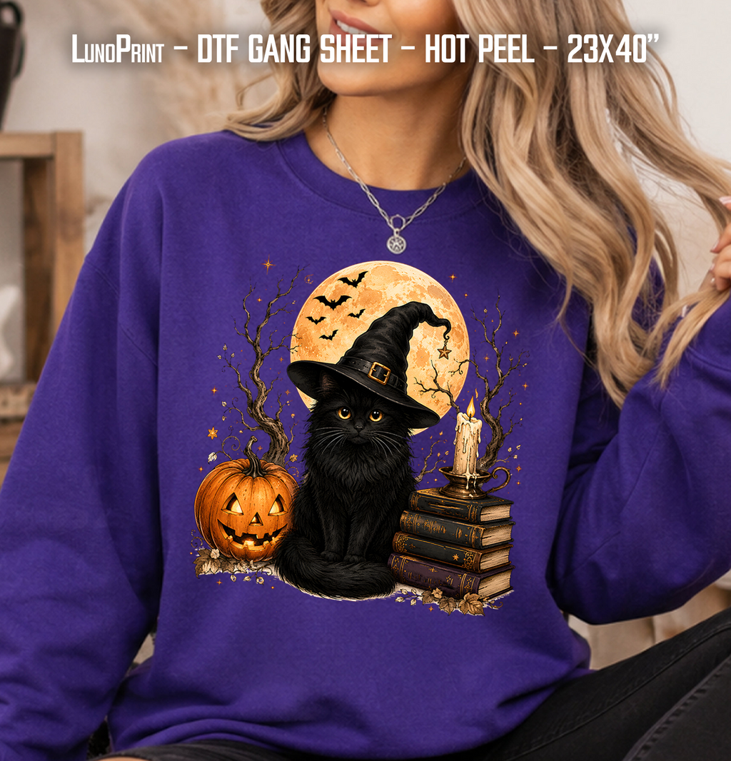 Black Cat Halloween DTF Gang Sheet 23x40 in. Spooky Ready-to-press Hot Peel Heat transfers 9265