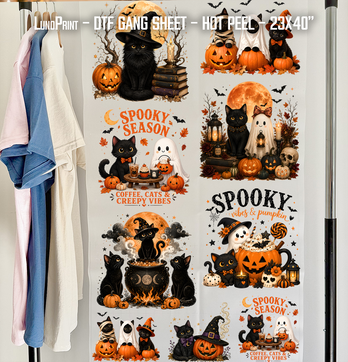 Black Cat Halloween DTF Gang Sheet 23x40 in. Spooky Ready-to-press Hot Peel Heat transfers 9265