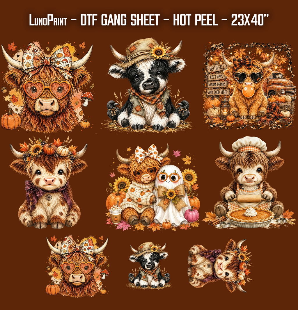 Cute Fall Highland Cow DTF Gang Sheet 23x40 in. Ready-to-press Hot Peel Heat transfers 9267