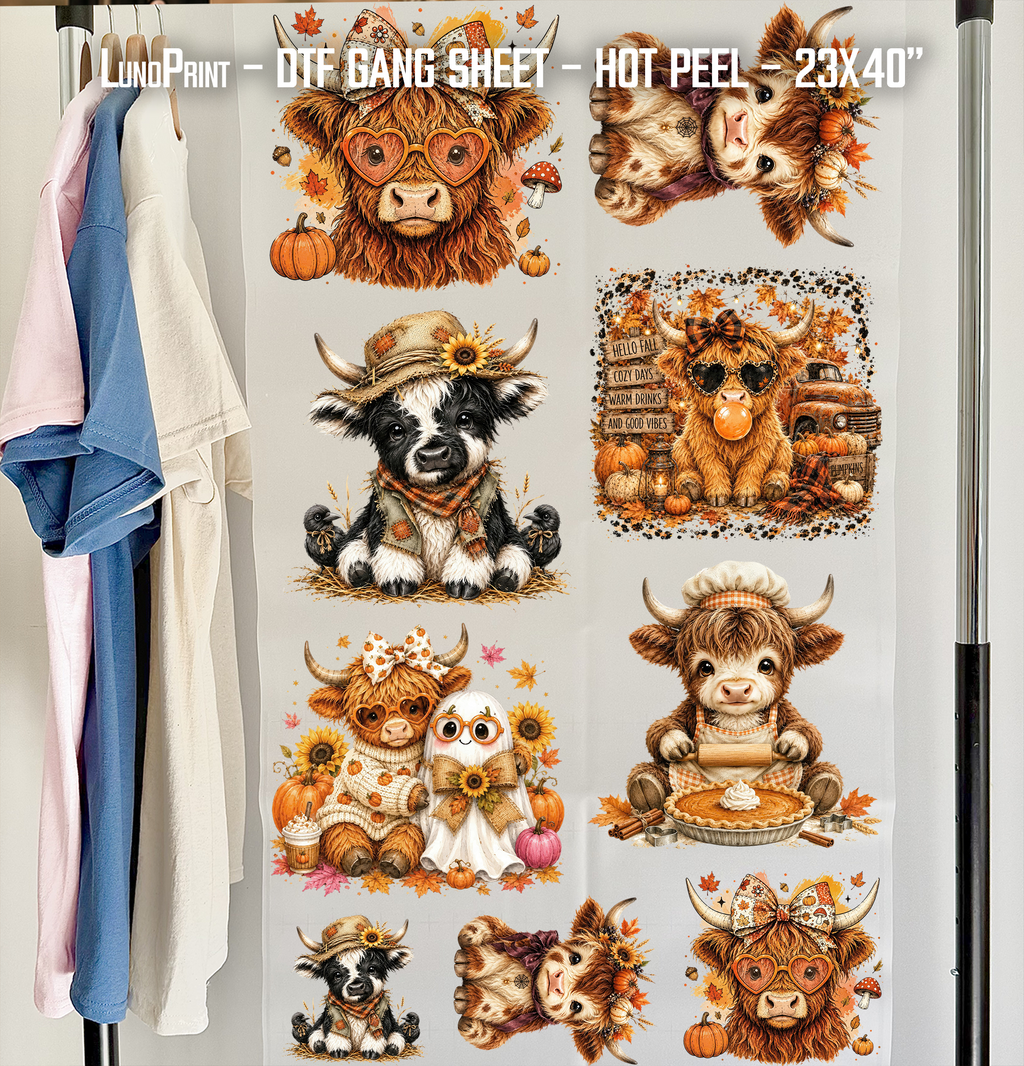 Cute Fall Highland Cow DTF Gang Sheet 23x40 in. Ready-to-press Hot Peel Heat transfers 9267