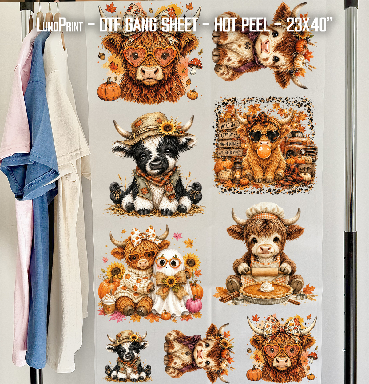 Cute Fall Highland Cow DTF Gang Sheet 23x40 in. Ready-to-press Hot Peel Heat transfers 9267
