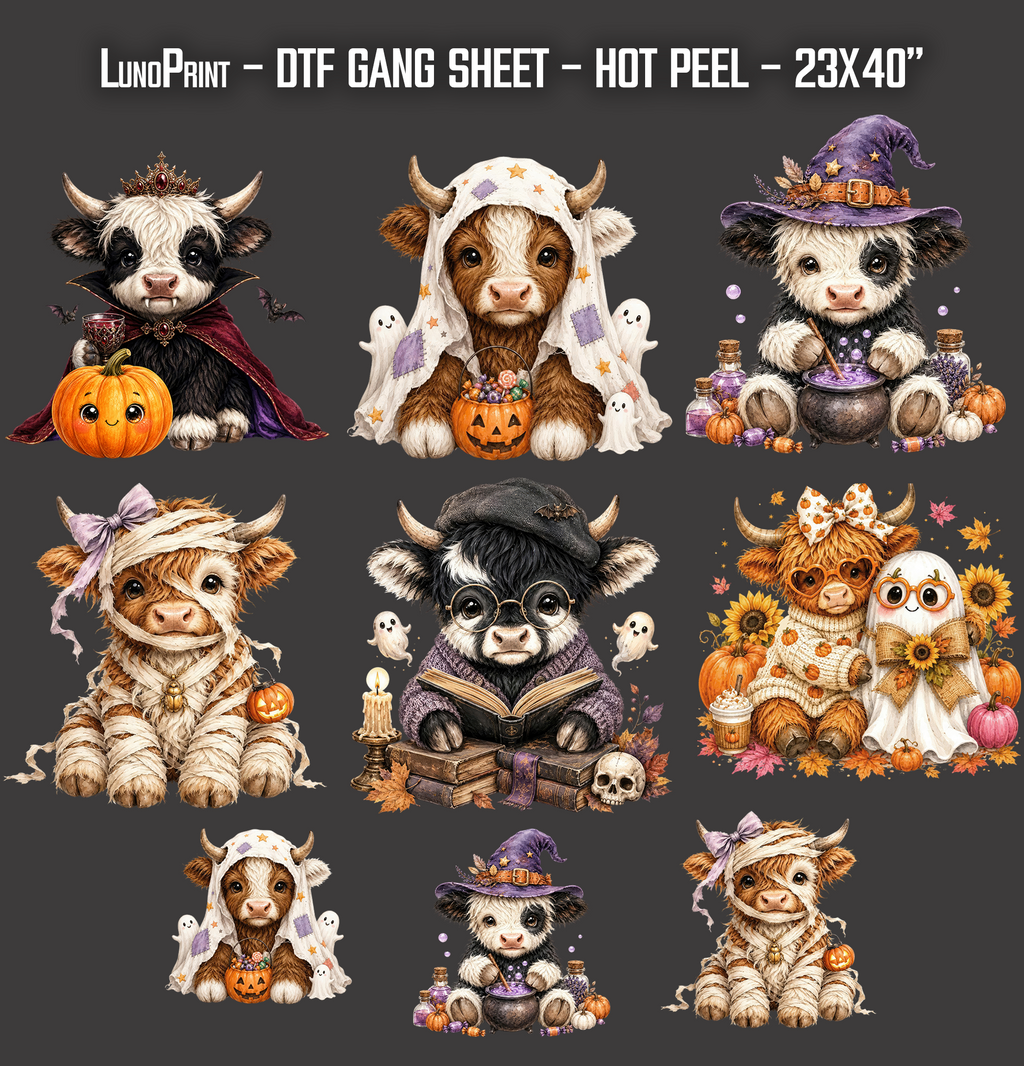 Cute Halloween Highland Cow DTF Gang Sheet 23x40 in. Ready-to-press Hot Peel Heat transfers 9268
