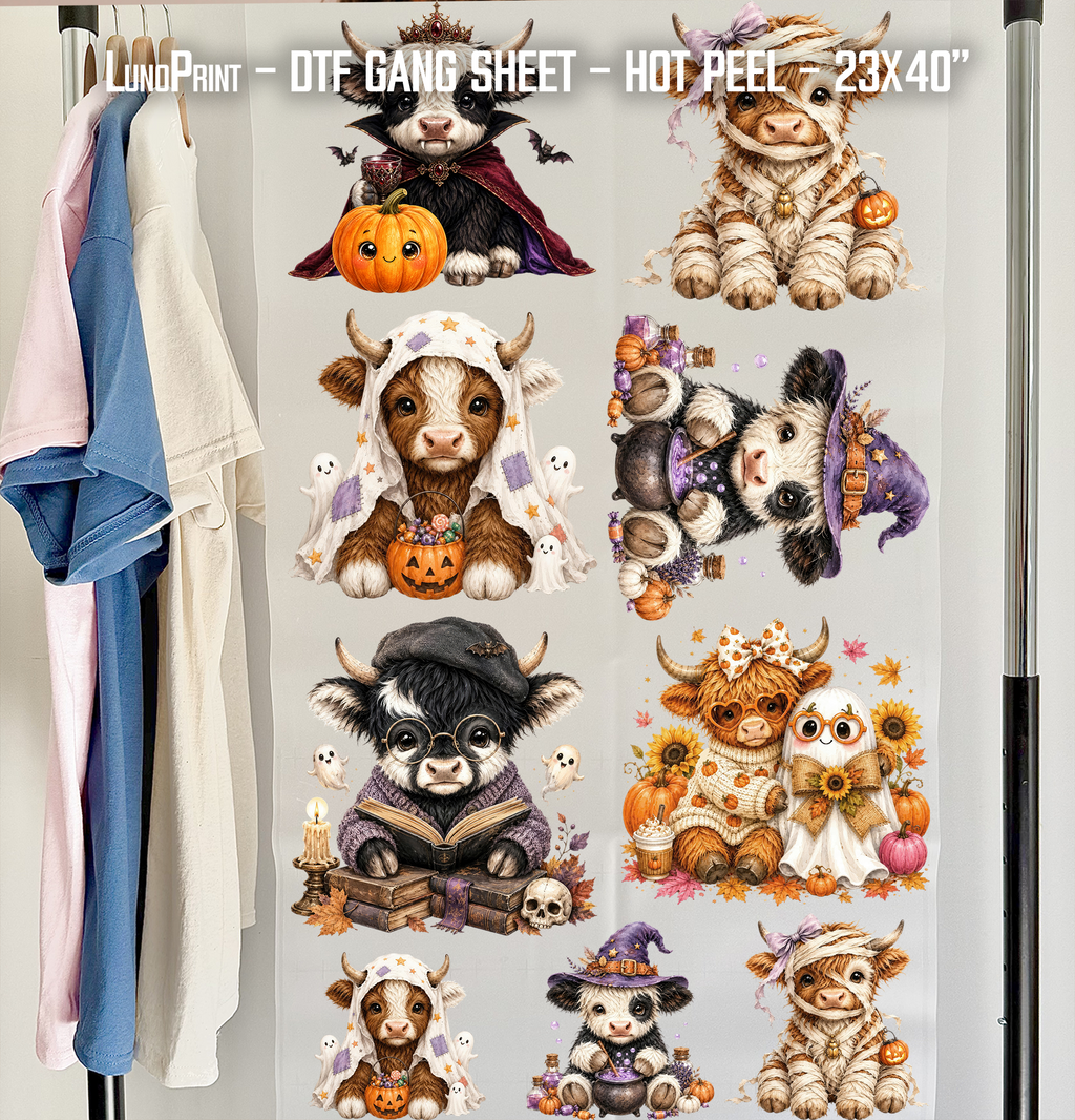 Cute Halloween Highland Cow DTF Gang Sheet 23x40 in. Ready-to-press Hot Peel Heat transfers 9268