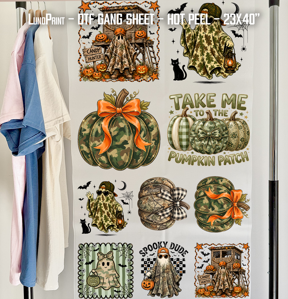 Camo Pumpkin Fall, Halloween Camo Ghost DTF Gang Sheet 23x40 in. Spooky Ready-to-press Hot Peel Heat transfers 9269