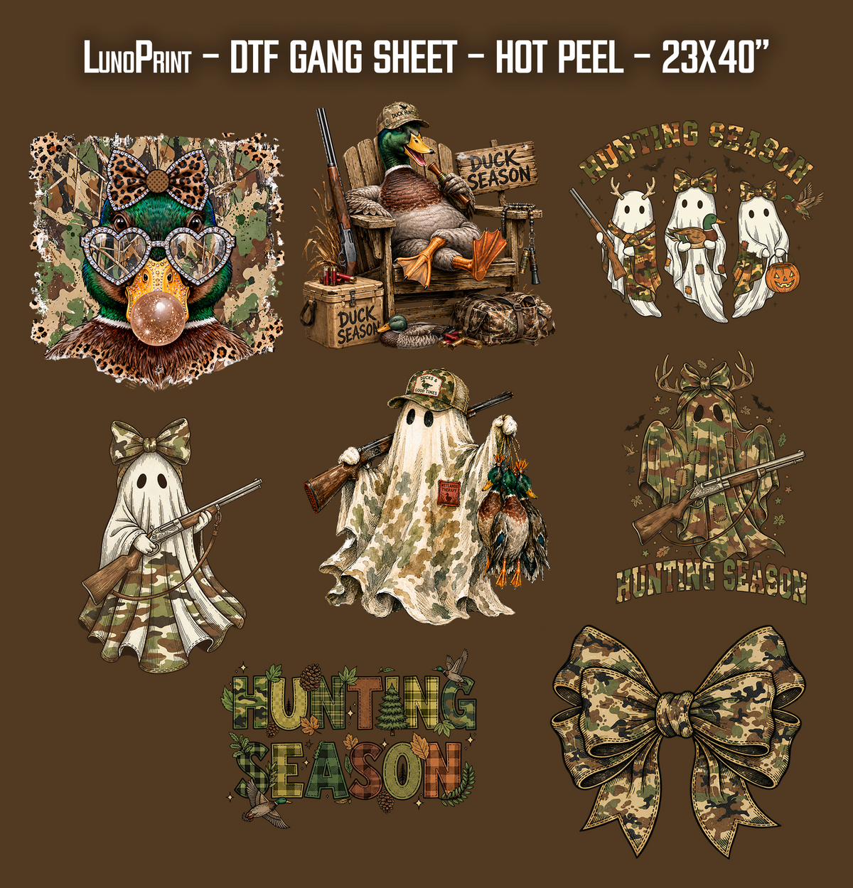 Hunting Season. Camo Halloween Ghost Duck DTF Gang Sheet 23x40 in. Spooky Ready-to-press Hot Peel Heat transfers 9270