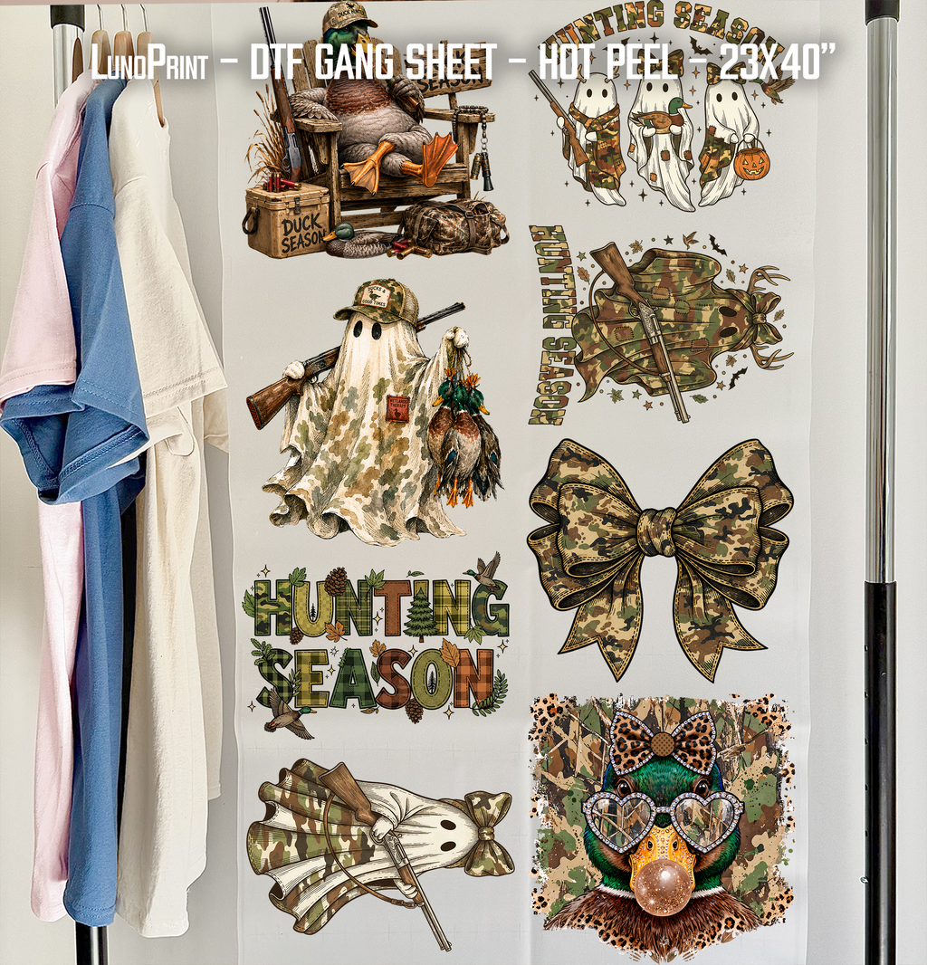 Hunting Season. Camo Halloween Ghost Duck DTF Gang Sheet 23x40 in. Spooky Ready-to-press Hot Peel Heat transfers 9270