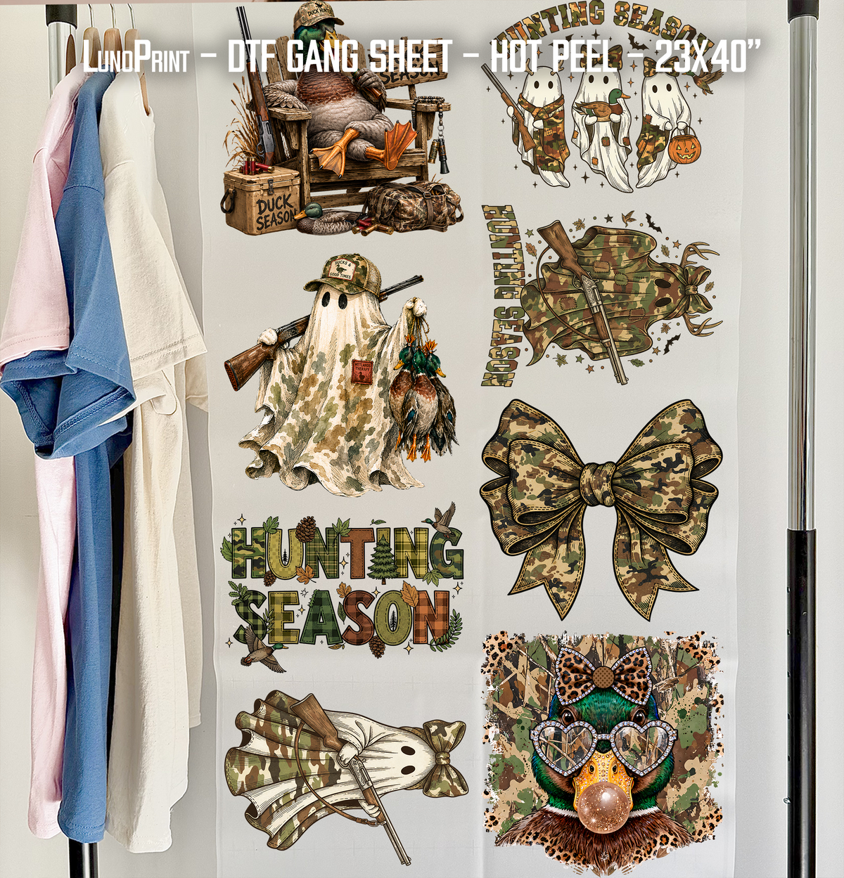 Hunting Season. Camo Halloween Ghost Duck DTF Gang Sheet 23x40 in. Spooky Ready-to-press Hot Peel Heat transfers 9270