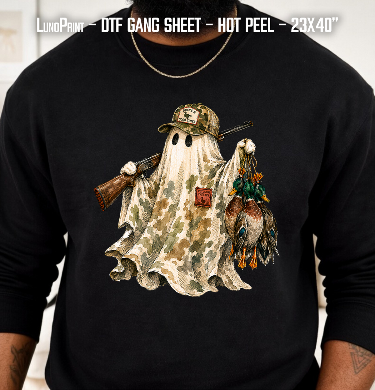 Hunting Season. Camo Halloween Ghost Duck DTF Gang Sheet 23x40 in. Spooky Ready-to-press Hot Peel Heat transfers 9270