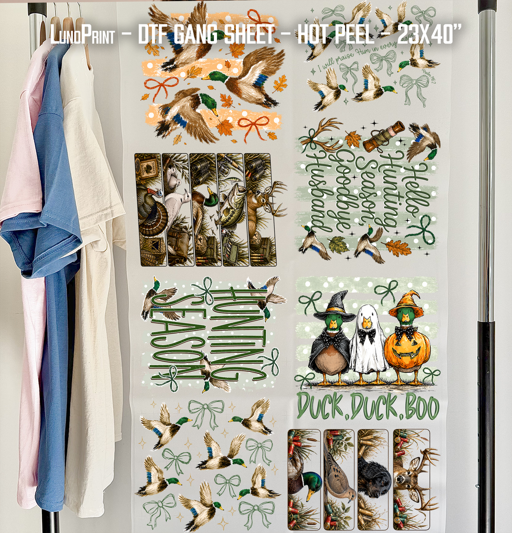Hunting Season. Duck Duck Boo DTF Gang Sheet 23x40 in. Ready-to-press Hot Peel Heat transfers 9271