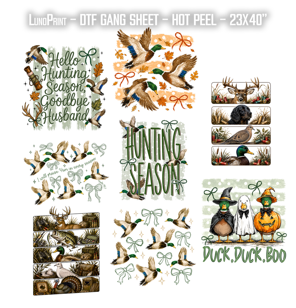 Hunting Season. Duck Duck Boo DTF Gang Sheet 23x40 in. Ready-to-press Hot Peel Heat transfers 9271