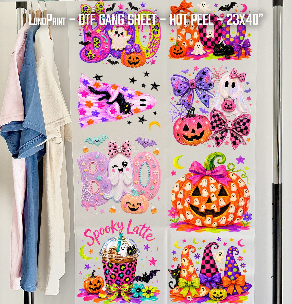 Neon Halloween DTF Gang Sheet for Youth/Adult. Cute Ready-to-press Hot Peel Heat transfers 9274 9275