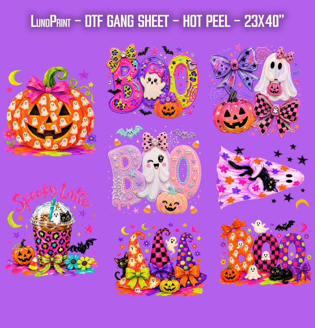 Neon Halloween DTF Gang Sheet for Youth/Adult. Cute Ready-to-press Hot Peel Heat transfers 9274 9275
