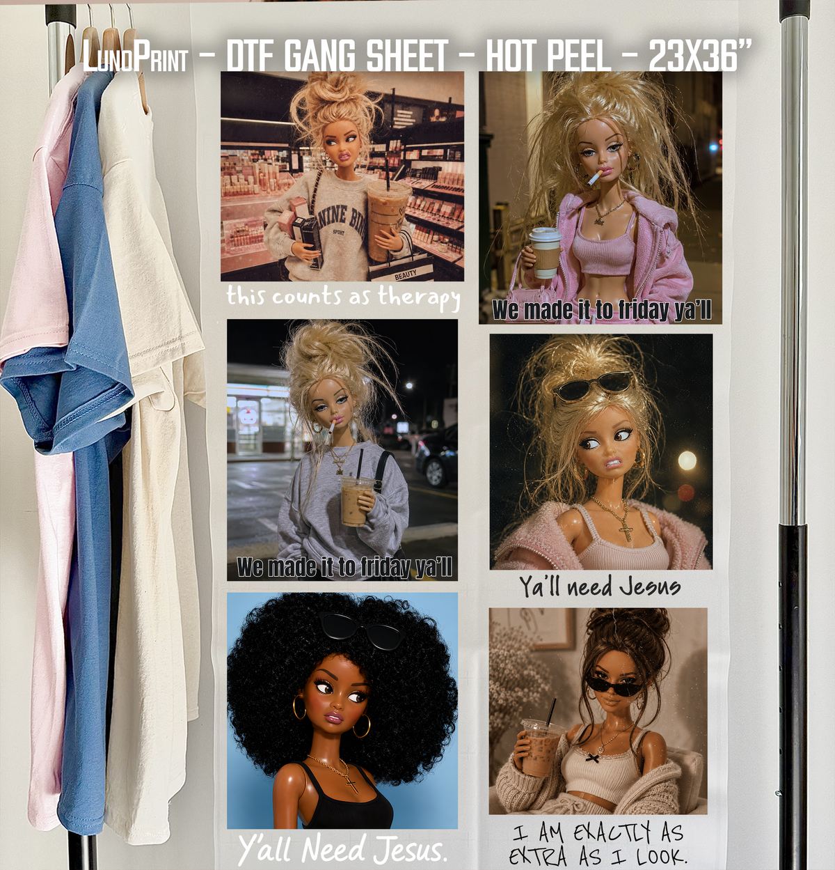 Doll Meme DTF Gang Sheet 23x36 in. Ready-to-press Hot Peel Heat transfers 9277