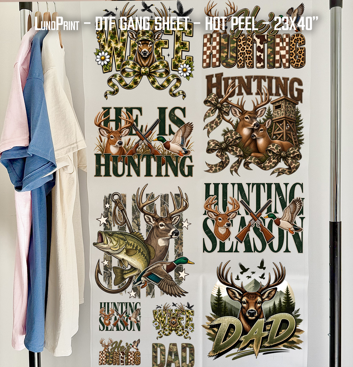 He is hunting. Deer season DTF Gang Sheet 23x40 in. Ready-to-press Hot Peel Heat transfers 9278