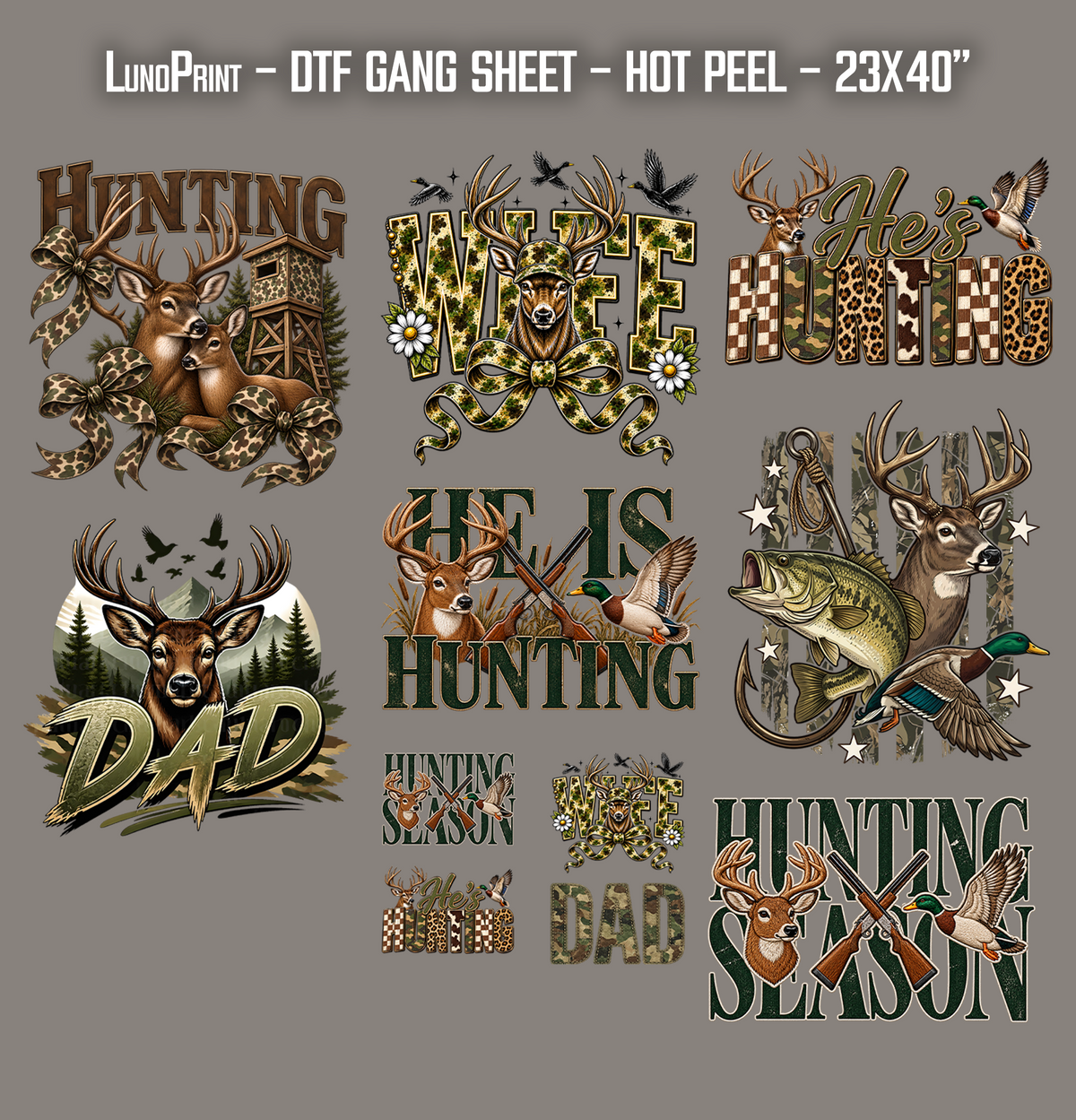He is hunting. Deer season DTF Gang Sheet 23x40 in. Ready-to-press Hot Peel Heat transfers 9278