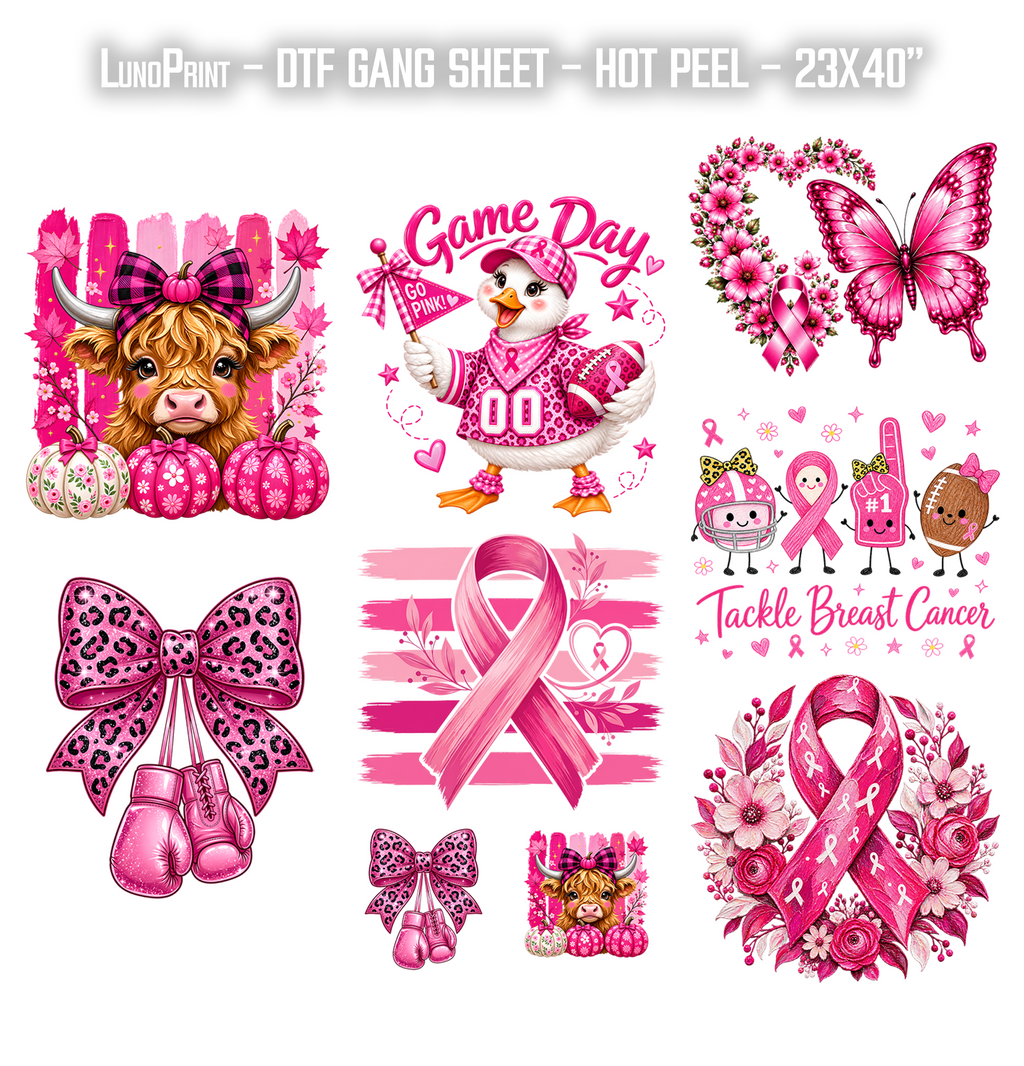 Breast Cancer. Go Pink DTF Gang Sheet 23x40 in. Ready-to-press Hot Peel Heat transfers 9279
