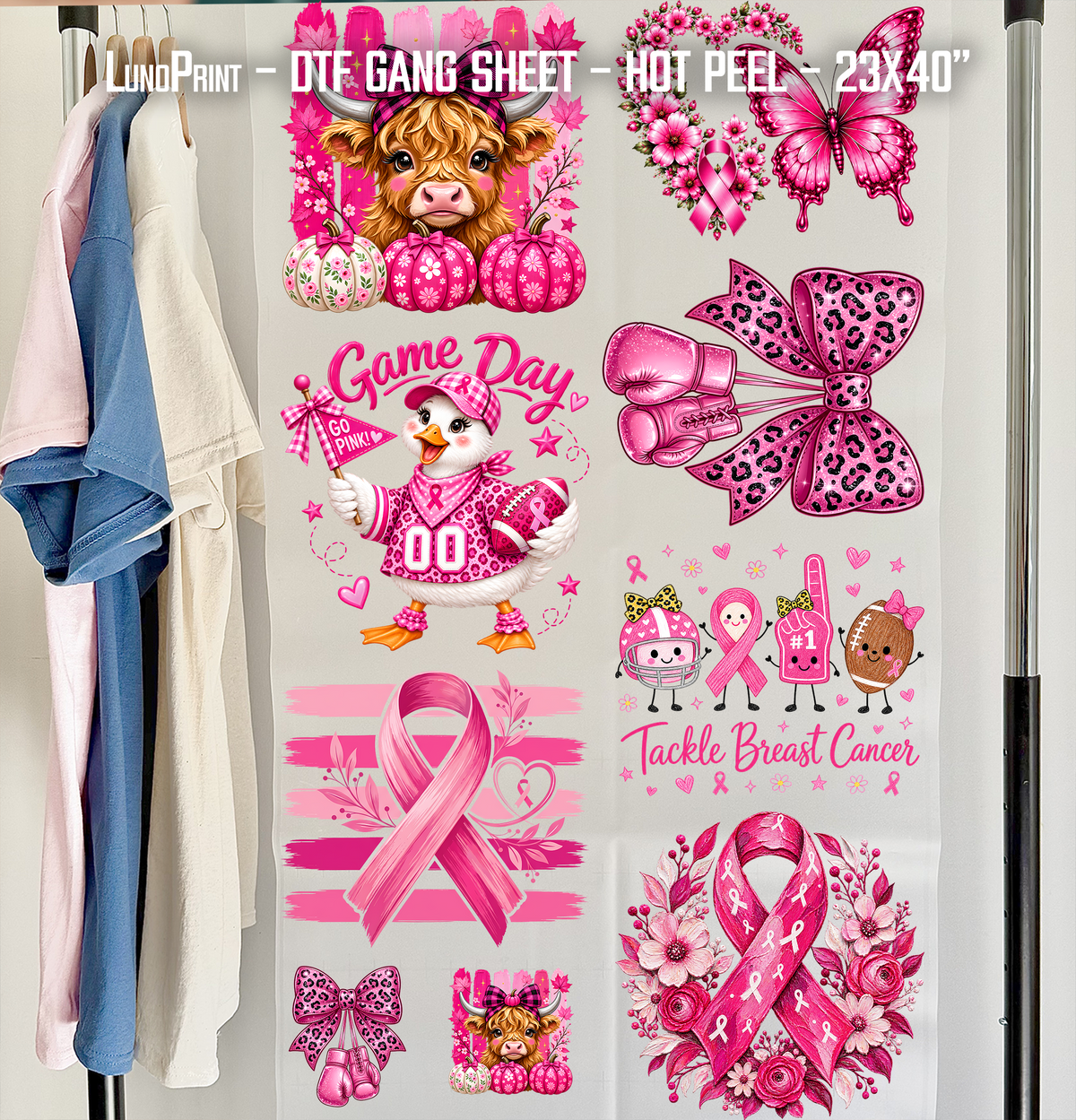 Breast Cancer. Go Pink DTF Gang Sheet 23x40 in. Ready-to-press Hot Peel Heat transfers 9279
