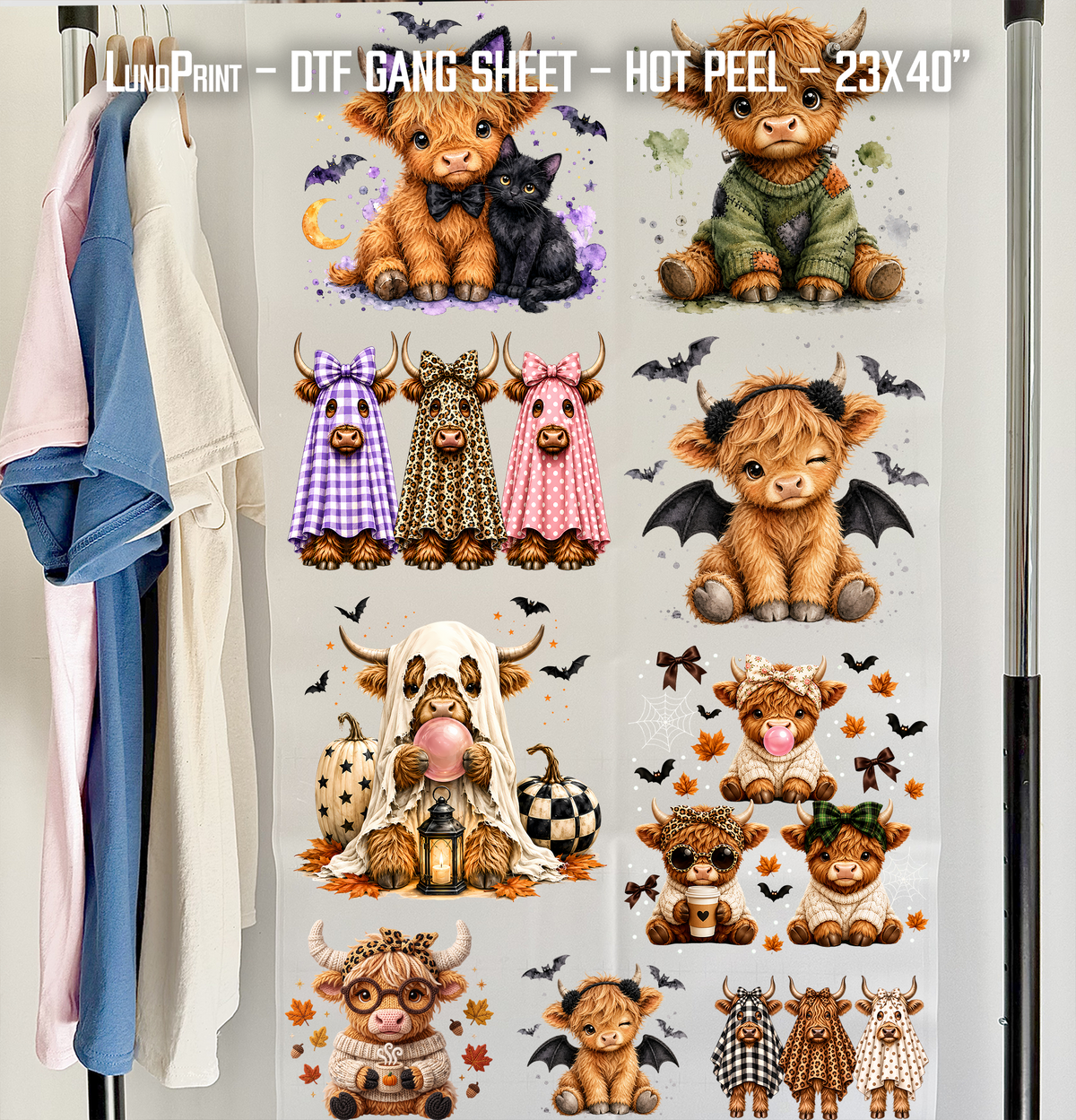 Halloween  Highland Cow DTF Gang Sheet 23x40 in. Ready-to-press Hot Peel Heat transfers 9280