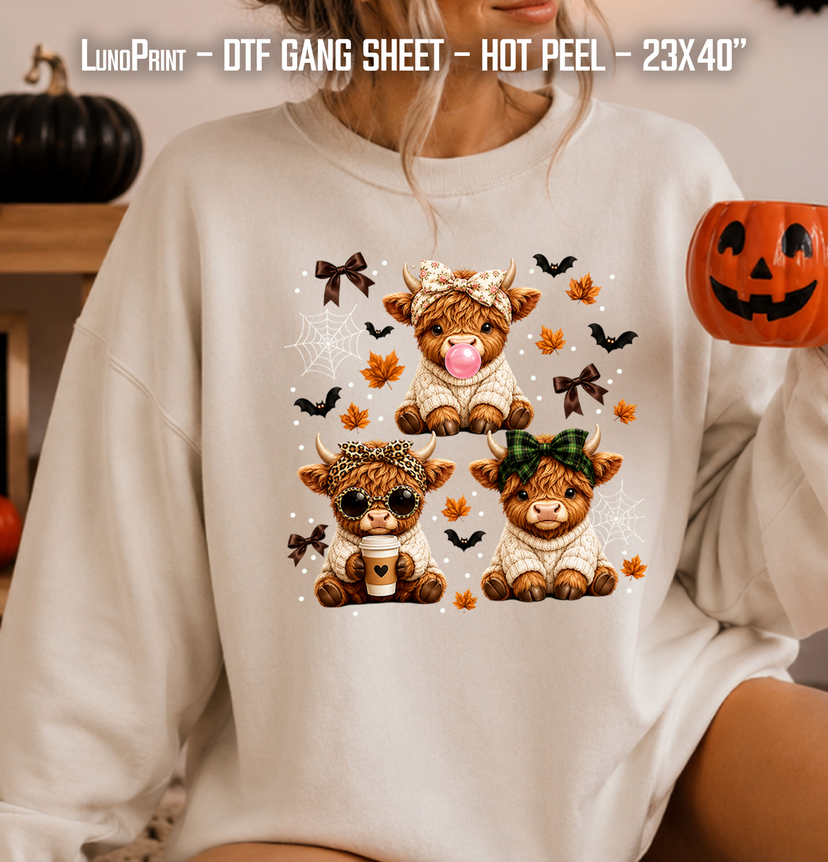 Halloween  Highland Cow DTF Gang Sheet 23x40 in. Ready-to-press Hot Peel Heat transfers 9280