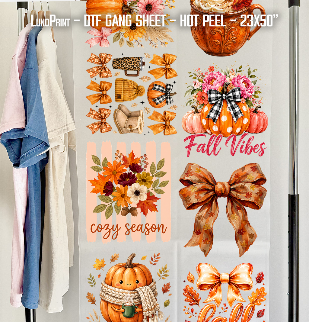 Cozy Season. Cute Fall DTF Gang Sheet 23x50 in. Ready-to-press Hot Peel Heat transfers 9281