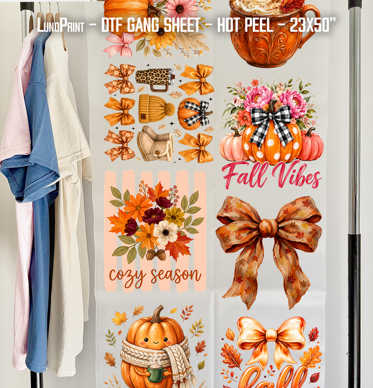 Cozy Season. Cute Fall DTF Gang Sheet 23x50 in. Ready-to-press Hot Peel Heat transfers 9281