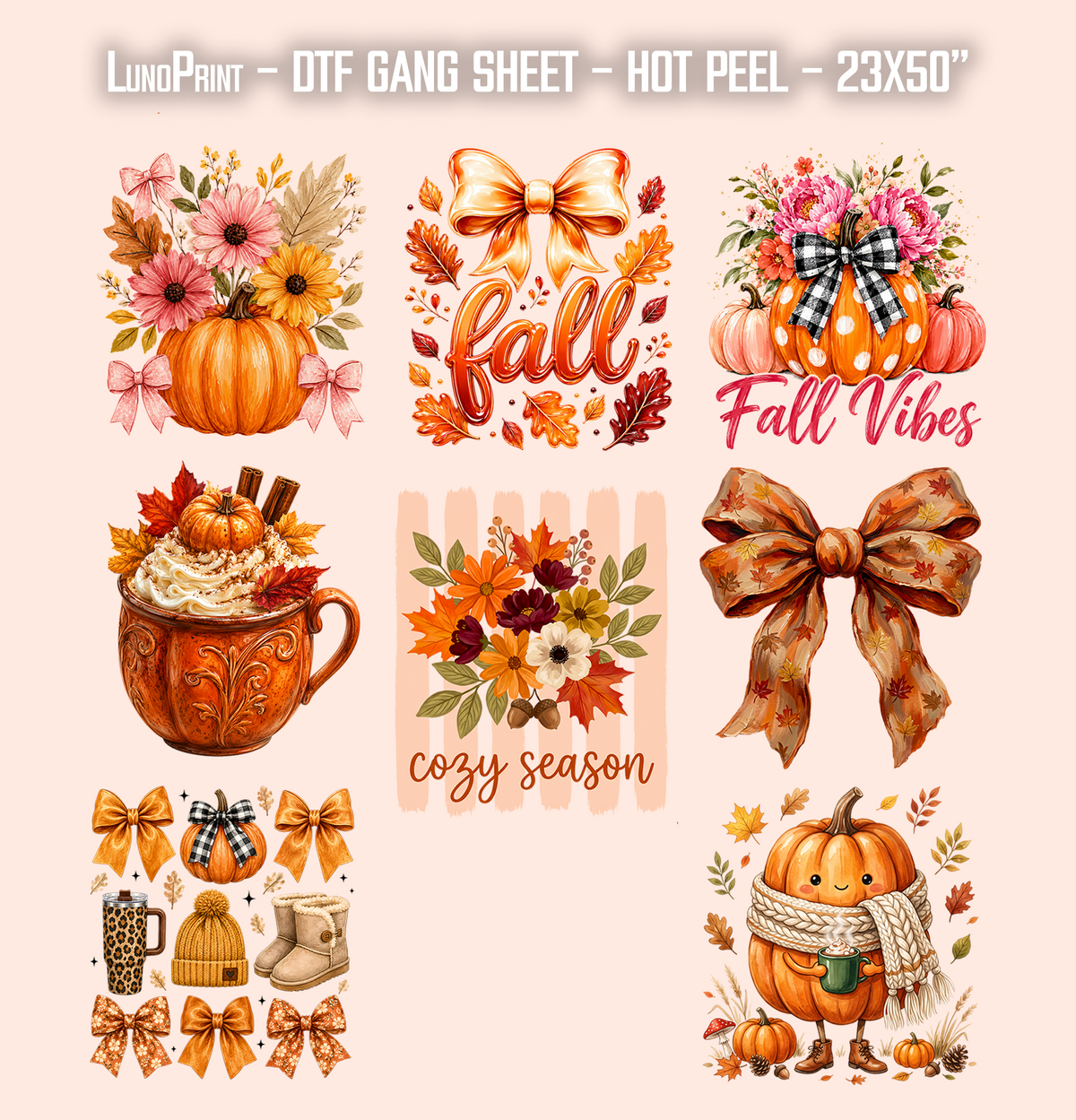 Cozy Season. Cute Fall DTF Gang Sheet 23x50 in. Ready-to-press Hot Peel Heat transfers 9281