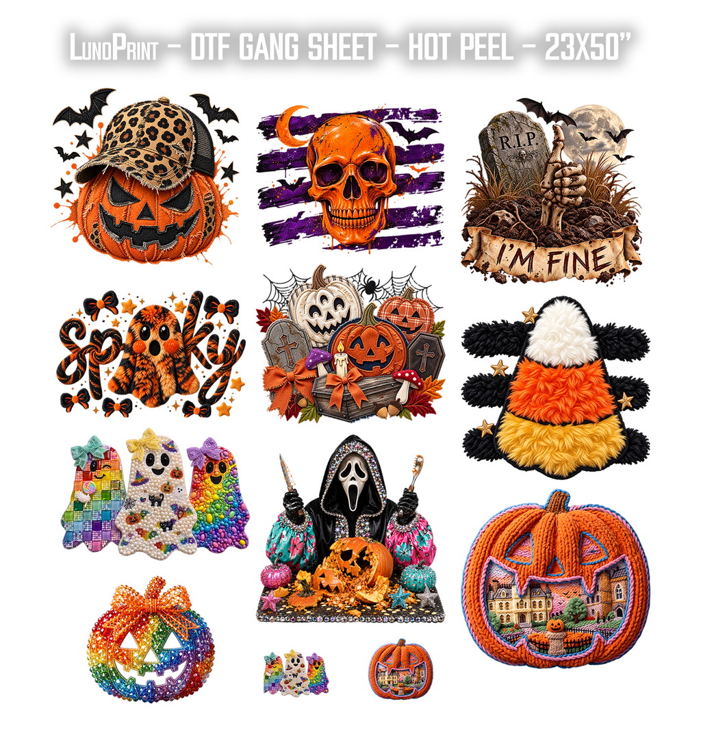 Spooky Scary Halloween DTF Gang Sheet 23x50 in. Ready-to-press Hot Peel Heat transfers 9284