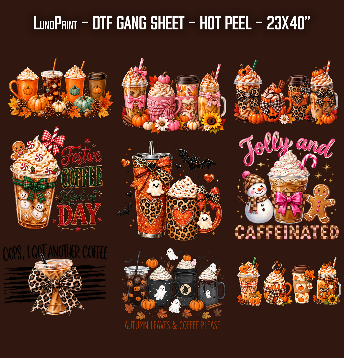 All seasons Coffee DTF Gang Sheet 23x40 in. Fall Ready-to-press Heat transfers 9288