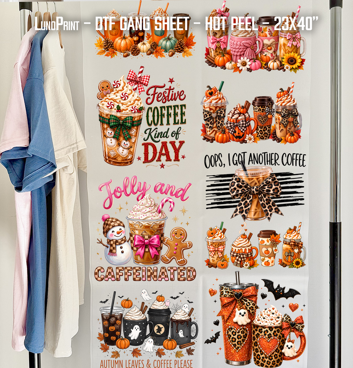 All seasons Coffee DTF Gang Sheet 23x40 in. Fall Ready-to-press Heat transfers 9288