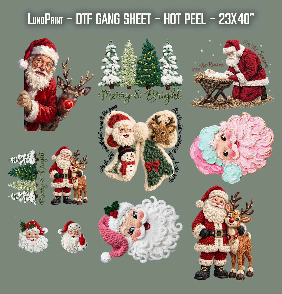 Yarn Santa. Christmas DTF Gang Sheet 23x40 in. Fall Ready-to-press Heat transfers 9289