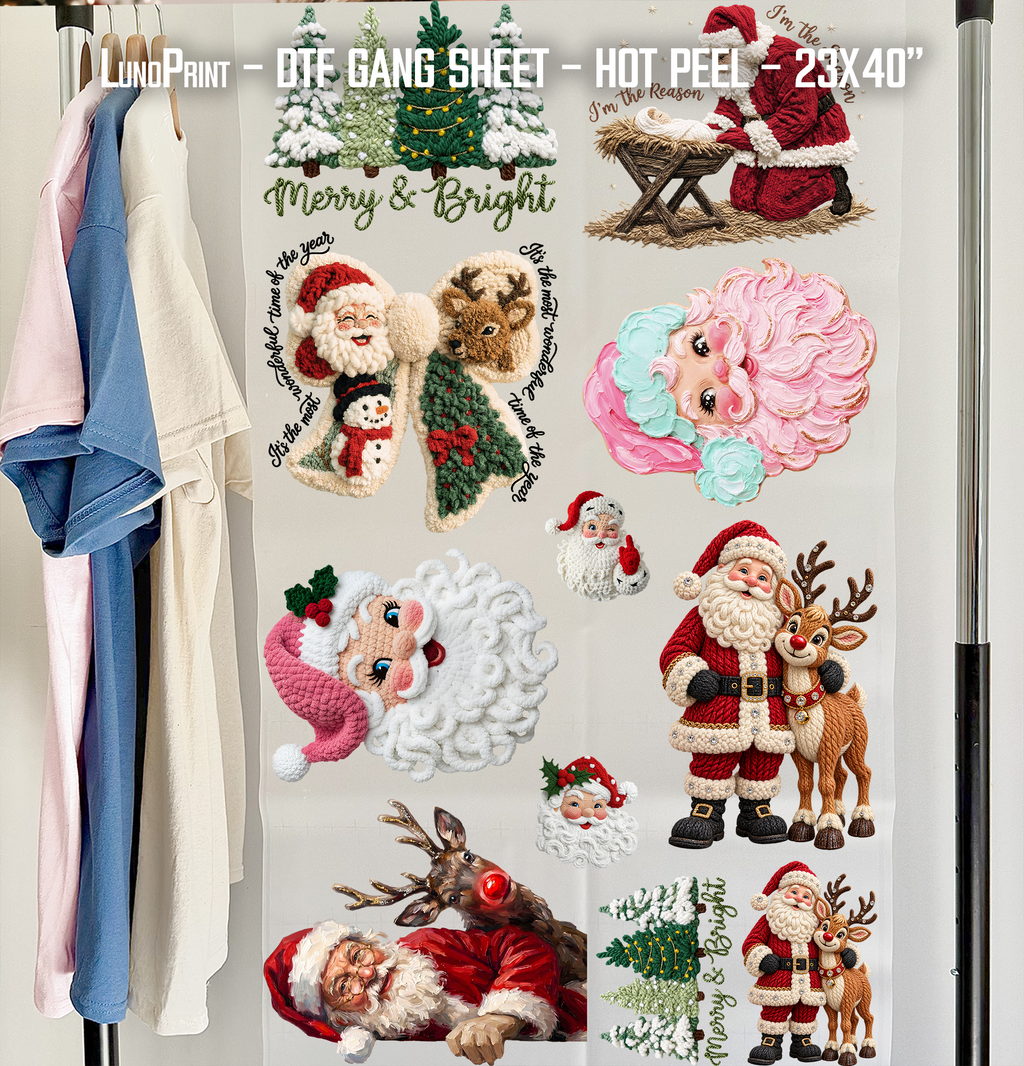 Yarn Santa. Christmas DTF Gang Sheet 23x40 in. Fall Ready-to-press Heat transfers 9289