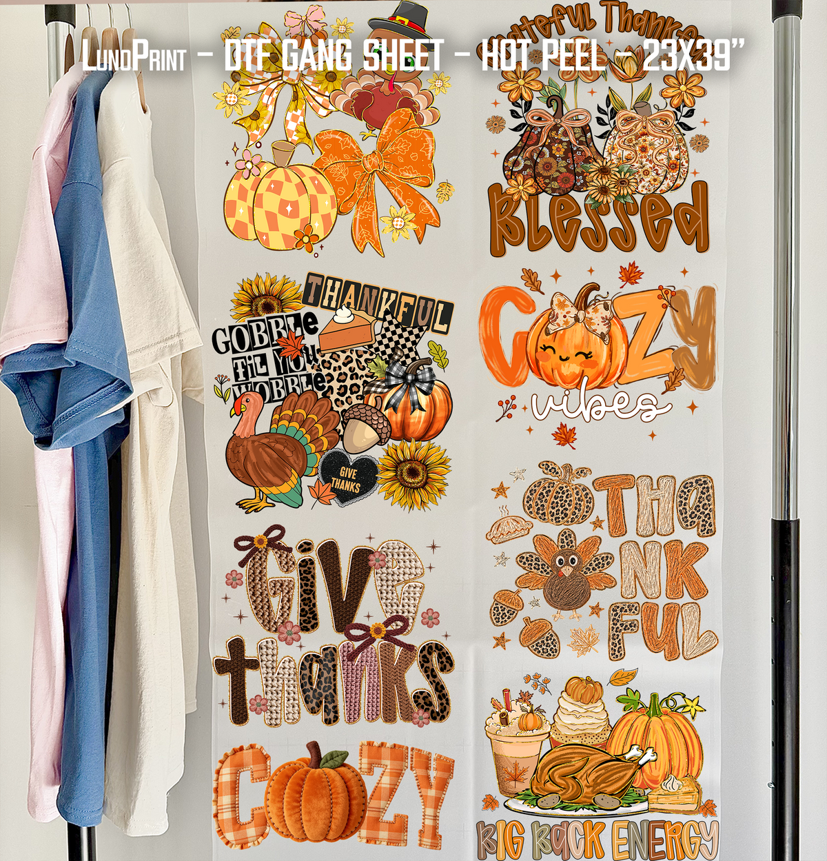 Thanksgiving & Cozy Fall DTF Gang Sheet 23x39 in. Fall Ready-to-press Heat transfers 9292