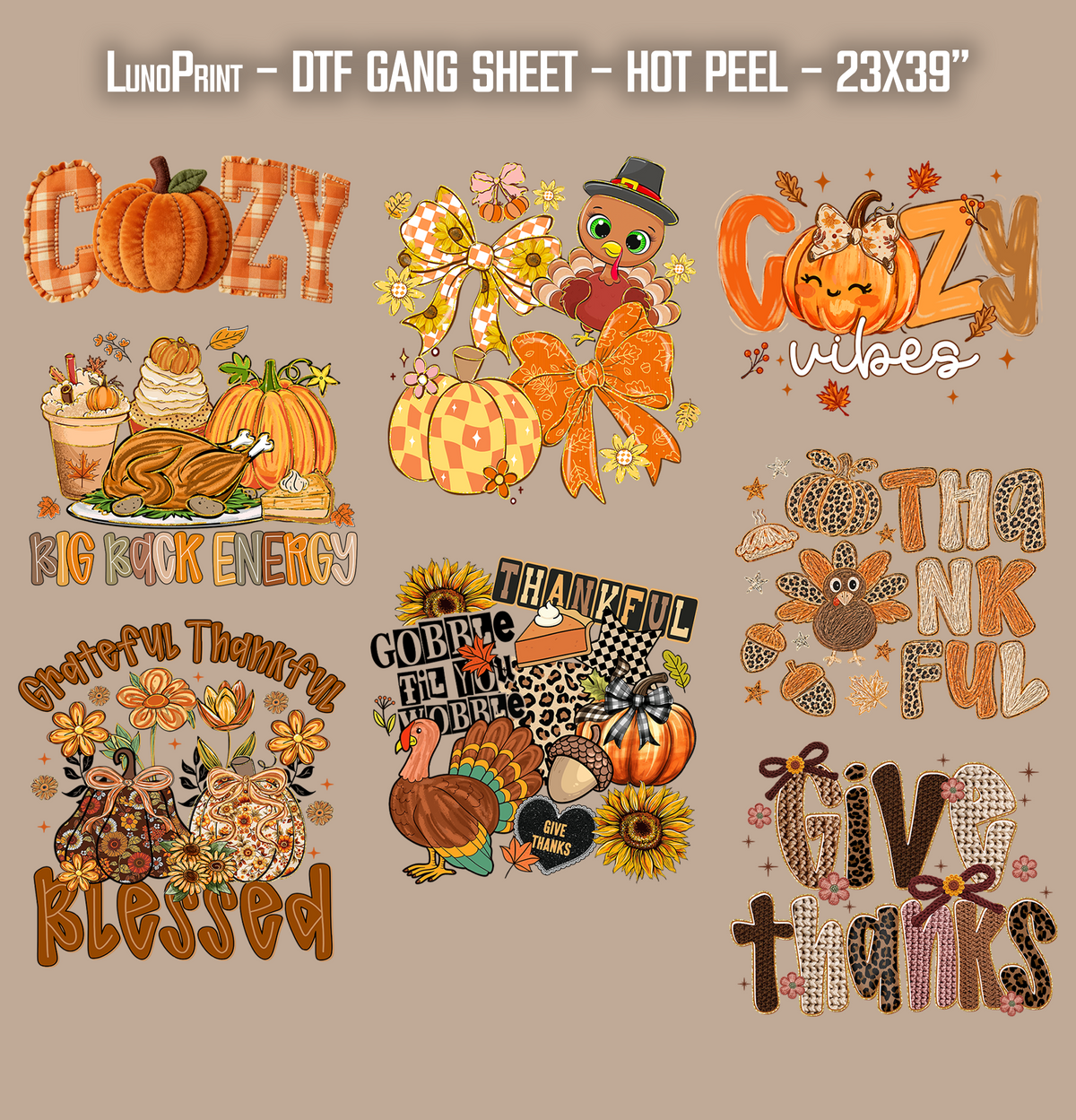 Thanksgiving & Cozy Fall DTF Gang Sheet 23x39 in. Fall Ready-to-press Heat transfers 9292