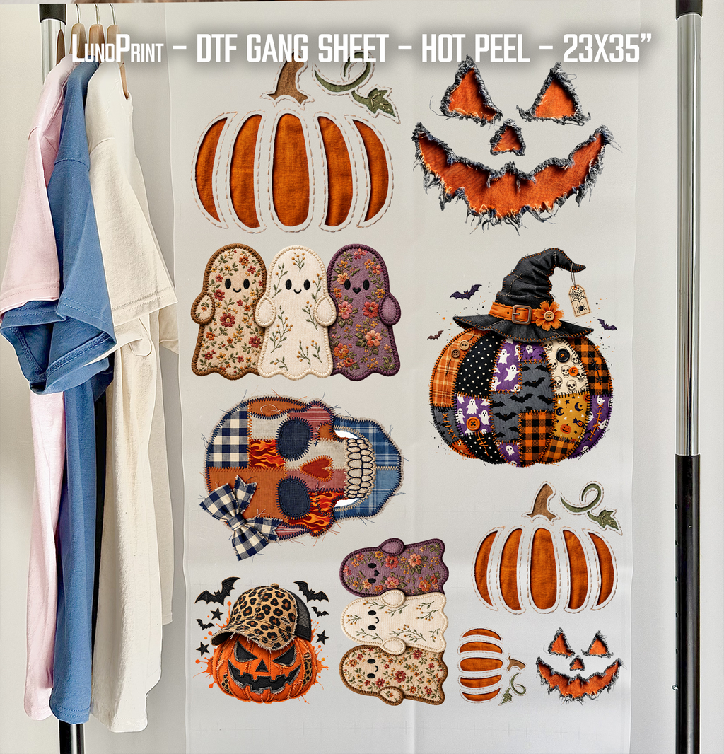 Patchwork Halloween & Fall DTF Gang Sheet 23x35 in. Fall Ready-to-press Heat transfers 9294
