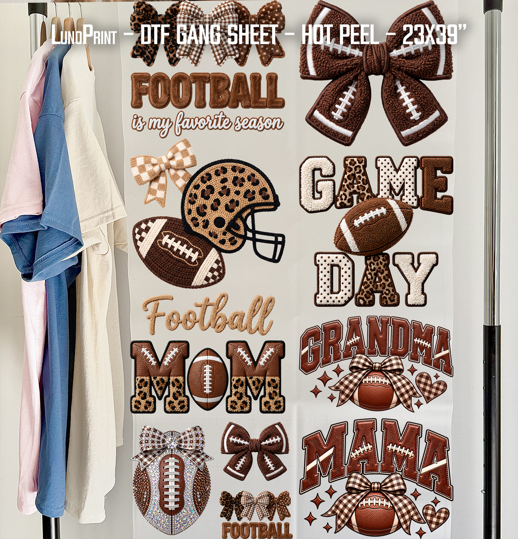Faux Yarn Football DTF Gang Sheet 23x39 in. Fall Ready-to-press Heat transfers 9295