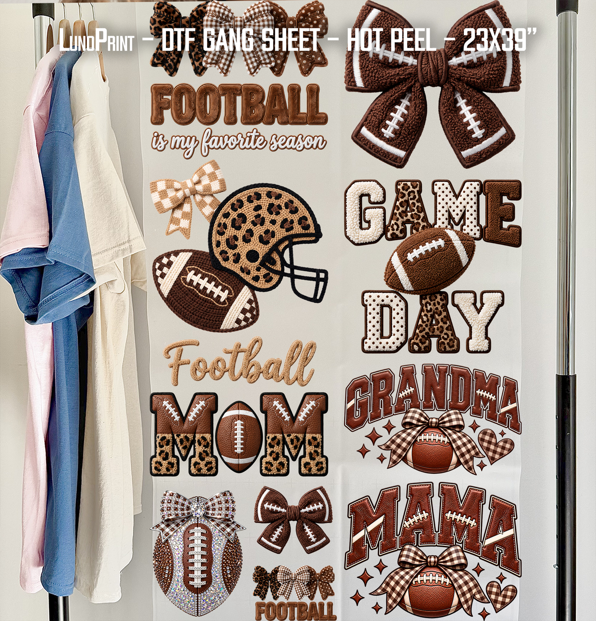 Faux Yarn Football DTF Gang Sheet 23x39 in. Fall Ready-to-press Heat transfers 9295