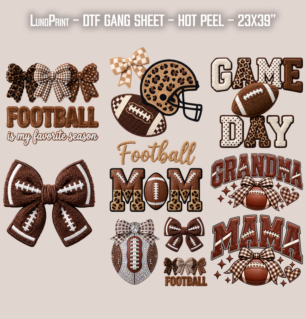 Faux Yarn Football DTF Gang Sheet 23x39 in. Fall Ready-to-press Heat transfers 9295