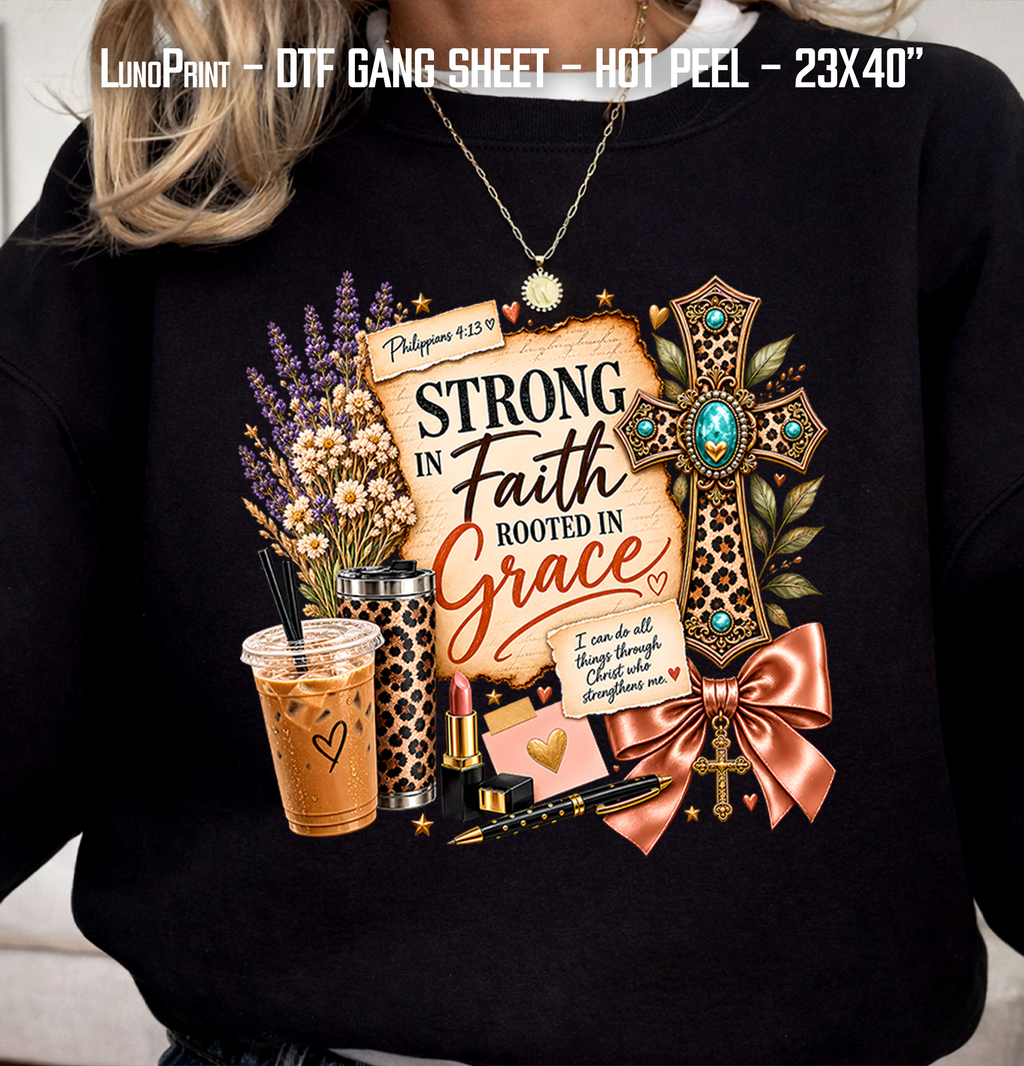 Strong in Faith DTF Gang Sheet 23x40 in. Ready-to-press Heat transfers 9297