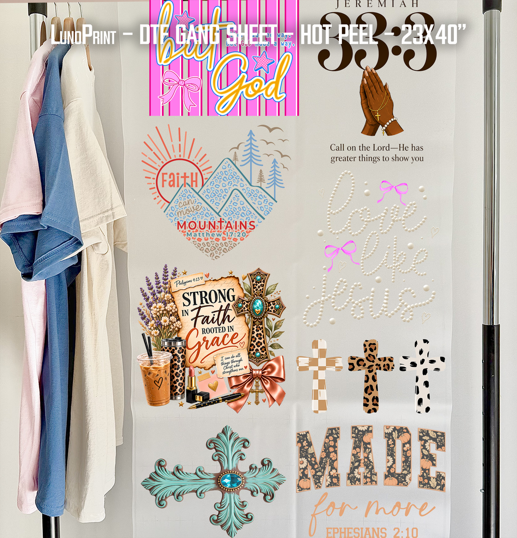 Strong in Faith DTF Gang Sheet 23x40 in. Ready-to-press Heat transfers 9297