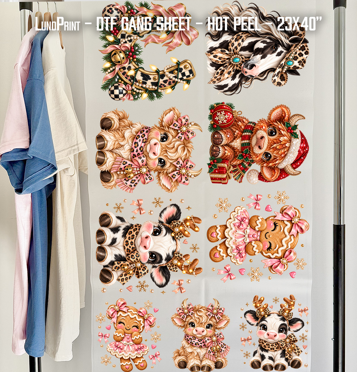 Cute Christmas Cows DTF Gang Sheet 23x40 in. Ready-to-press Heat transfers 9302