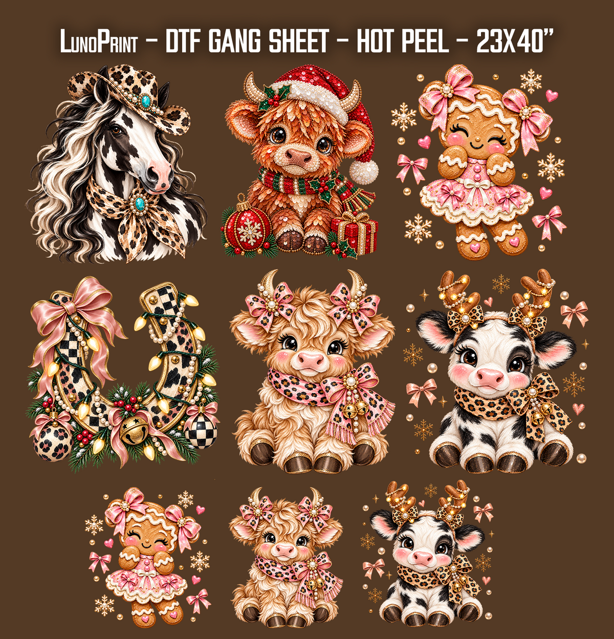 Cute Christmas Cows DTF Gang Sheet 23x40 in. Ready-to-press Heat transfers 9302