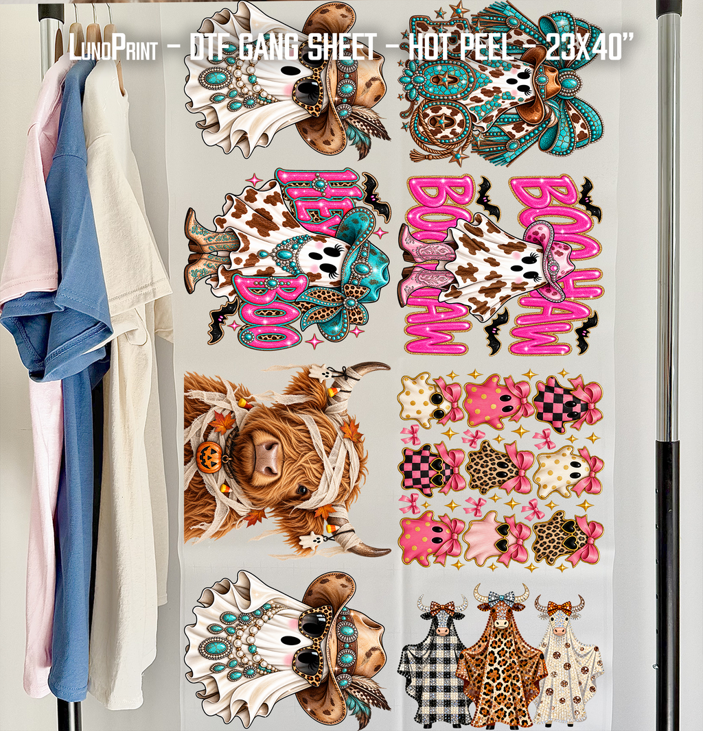 Hey Boo. Western Halloween DTF Gang Sheet 23x40 in. Ready-to-press Heat transfers 9303