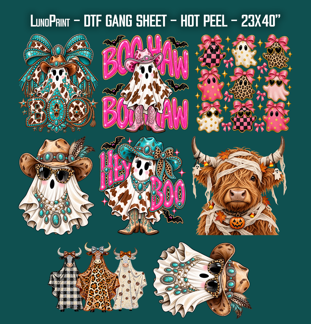 Hey Boo. Western Halloween DTF Gang Sheet 23x40 in. Ready-to-press Heat transfers 9303